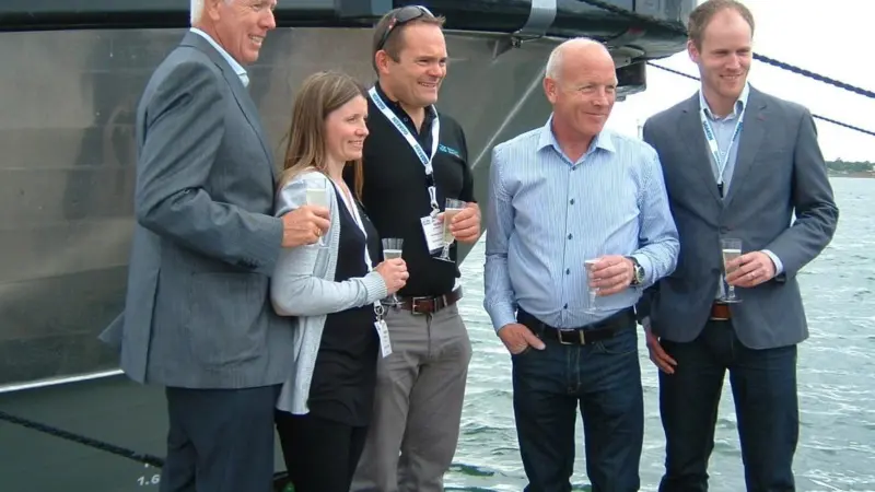 The vessel was launched by round the world yachtsman Mike Golding, pictured here with the Seacat Services team