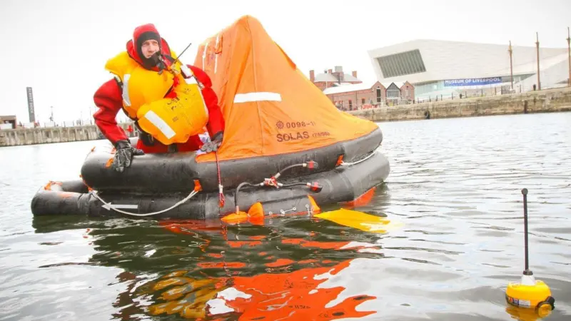A Duarry Challenger throw-over liferaft seen during a live demonstration