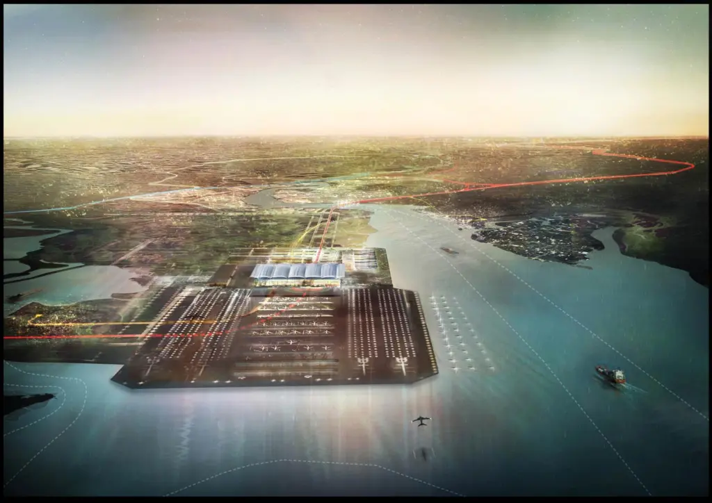 The proposed Thames Hub looking west, with the new Thames flood barrier beyond. Image: Foster + Partners