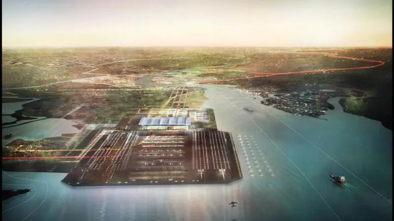 The proposed Thames Hub looking west, with the new Thames flood barrier beyond. Image: Foster + Partners