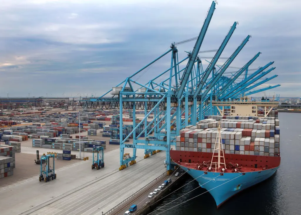 Maersk Mc-Kinney Moller is seen alongside at APM Terminals in Rotterdam