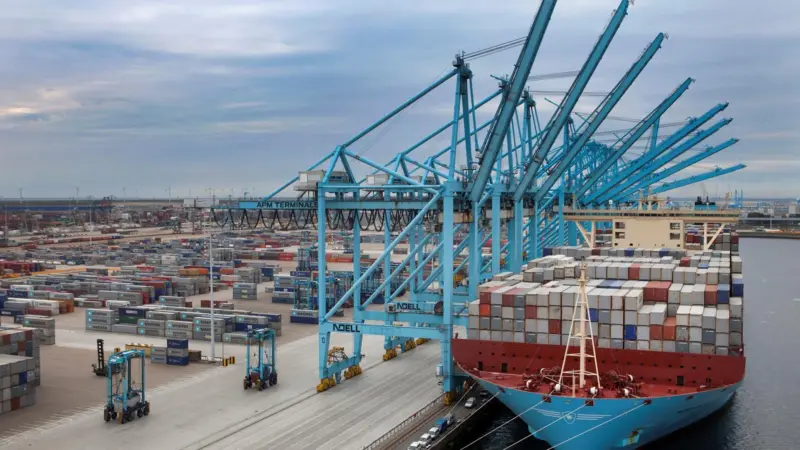 Maersk Mc-Kinney Moller is seen alongside at APM Terminals in Rotterdam