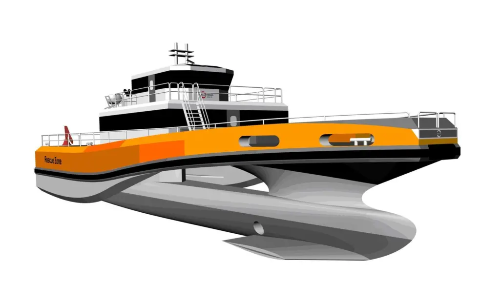 The hull design is a trimaran with the centre hull designed to operate as a SWASH (Small Waterline Area Single Hull) with the narrow side hulls providing stability