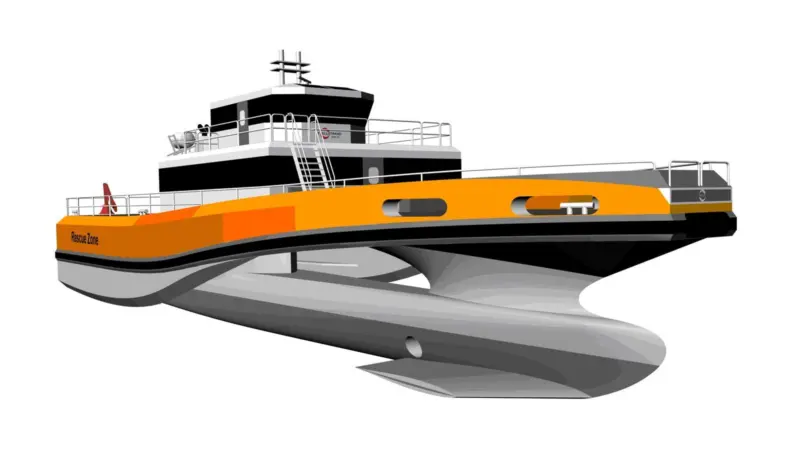 The hull design is a trimaran with the centre hull designed to operate as a SWASH (Small Waterline Area Single Hull) with the narrow side hulls providing stability