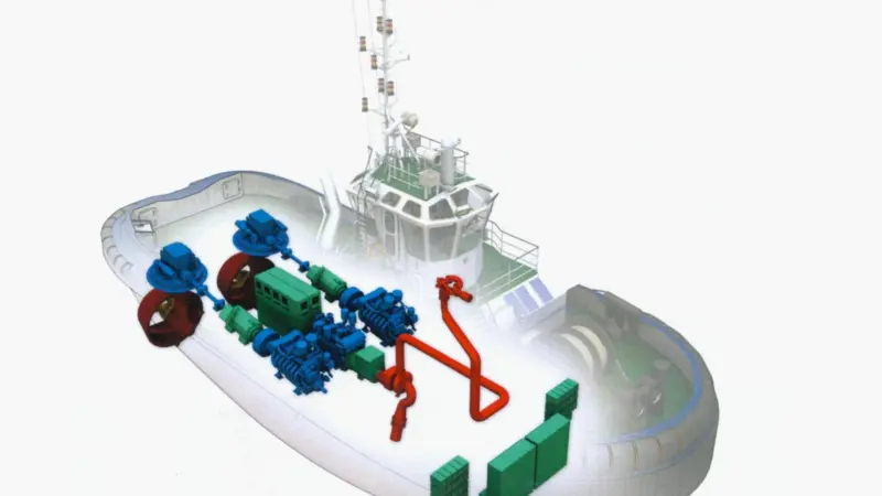 The Hybrid propulsion system in the new Damen ASD Tug 2810 will have two MTU main engines and one MTU powered generator