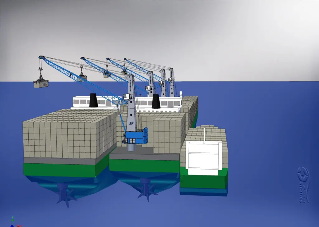 Container transhipment terminal fitted with slewing cranes with mother vessel and feeder vessel alongside. In this case a converted container vessel is used as the floating terminal