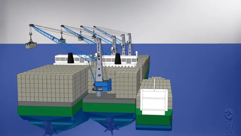 Container transhipment terminal fitted with slewing cranes with mother vessel and feeder vessel alongside. In this case a converted container vessel is used as the floating terminal