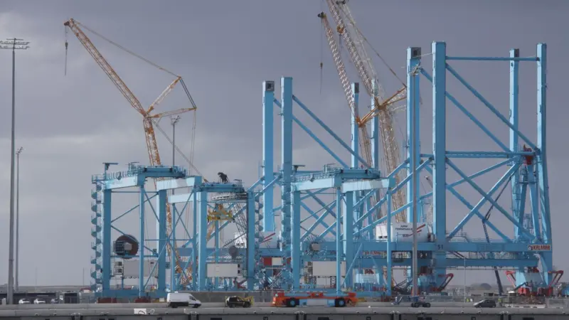 Feeder and gantry cranes being assembled at APMT’s Maasvlakte 2 terminal. Photo: Peter Barker