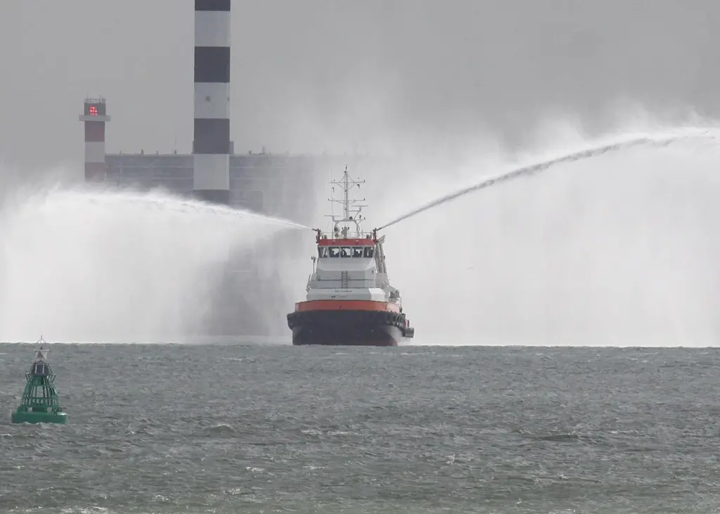 Kaikoura’s fire monitors are tested during trials in the New Waterway. Photo courtesy of Peter Barker