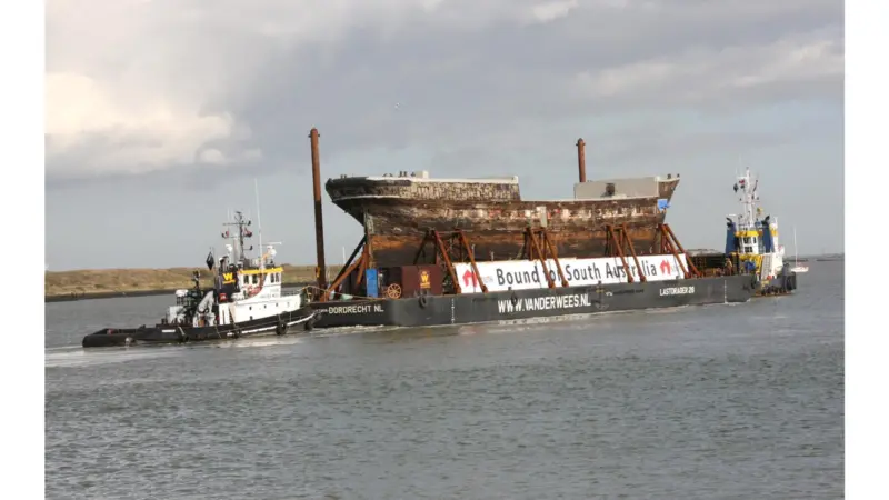 Van Der Wees have transported the hull of the clipper ship City of Adelaide on the first leg of its journey to Australia
