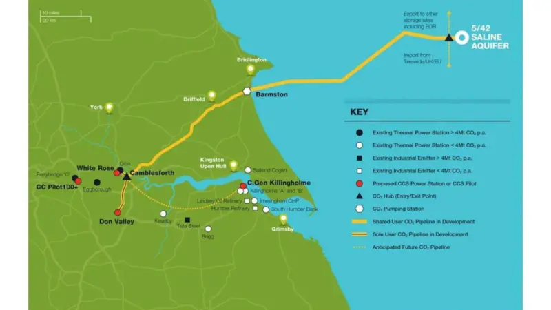 The storage site is located off Flamborough Head, which makes it convenient to be connected by pipeline to the heavy industry and power stations around the Humber Estuary