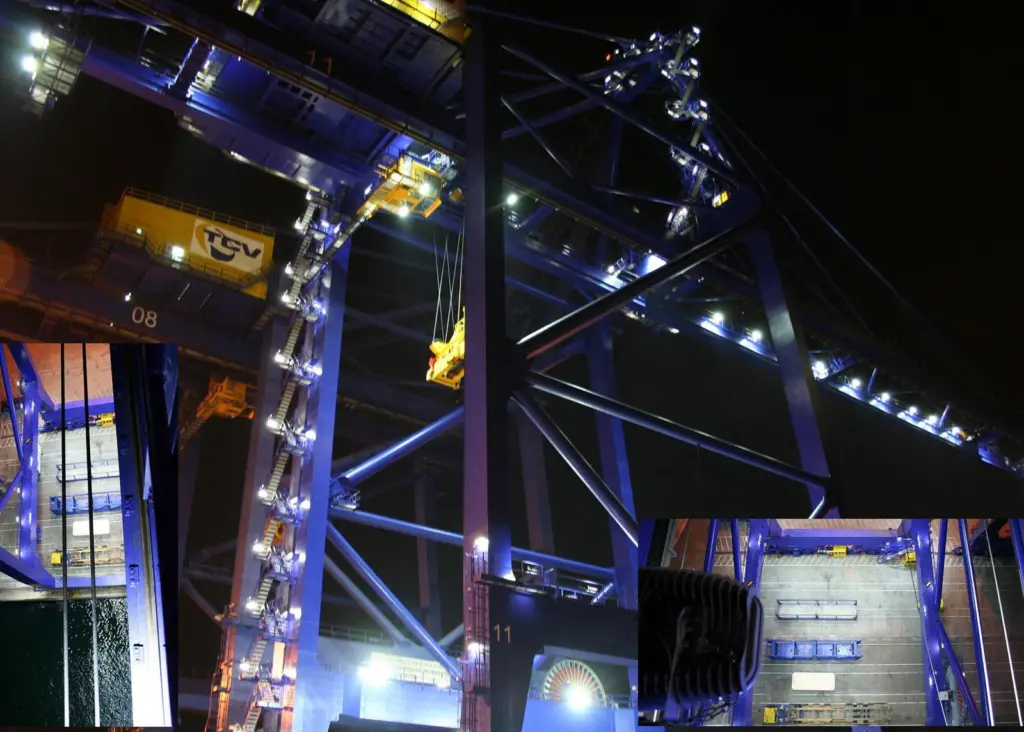 The new Super Post Panamax equipment is lit by LED floodlights at several power ratings up to 400 watts, located at various heights up to 68m