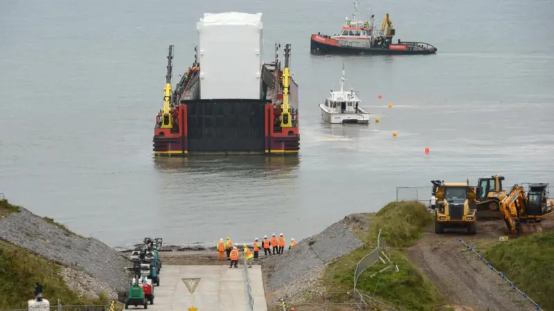 Terra Marique is seen preparing to offload the 498 tonne module at Sellafield