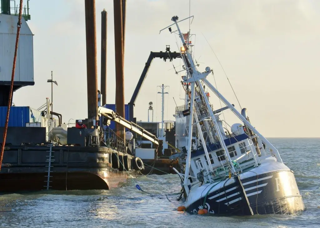 The floating crane Sanne A prepares to lift the grounded trawler. Photo: Kent Bandholm Hansen