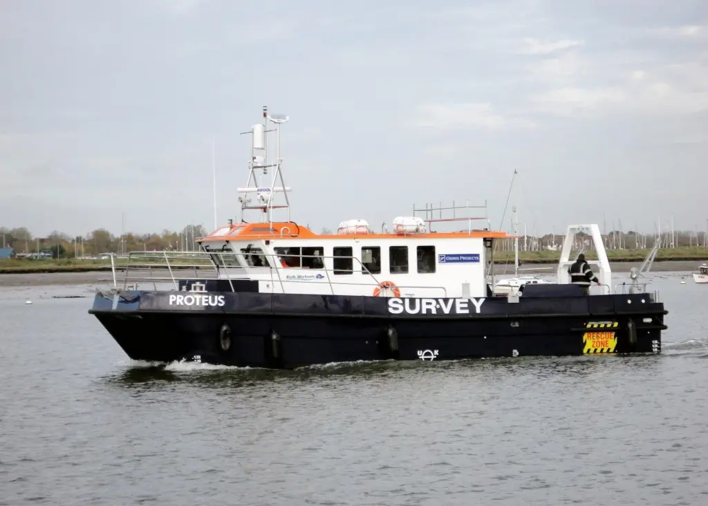 Osiris Projects’ new purpose built GRP survey catamaran MV Proteus incorporates a moon pool, hydraulic ‘A’ frame and custom retractable transducer mounts
