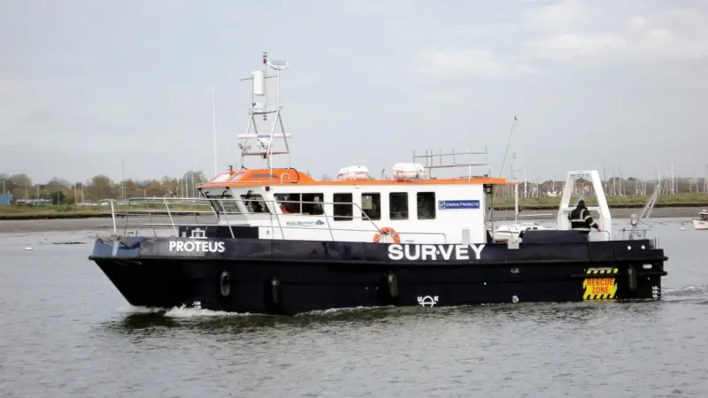Osiris Projects’ new purpose built GRP survey catamaran MV Proteus incorporates a moon pool, hydraulic ‘A’ frame and custom retractable transducer mounts