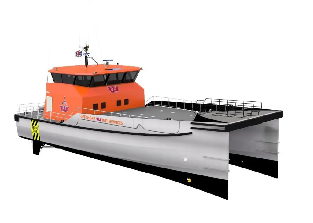 A render of the new Damen Twin Axe Fast Crew Supplier 2610 for OWS