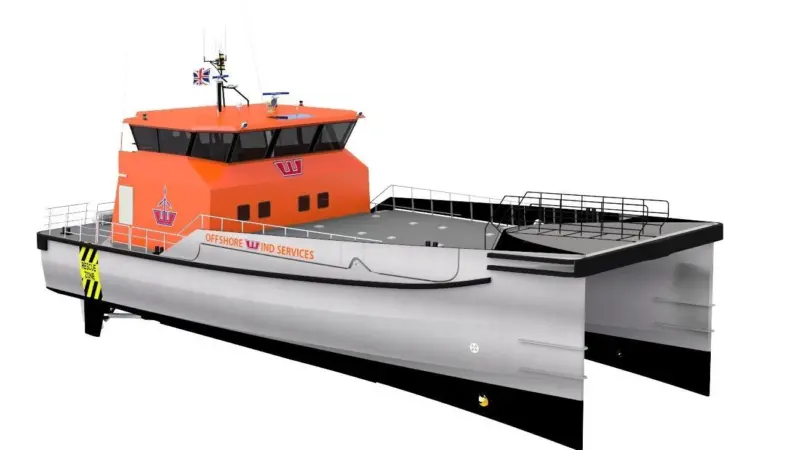 A render of the new Damen Twin Axe Fast Crew Supplier 2610 for OWS