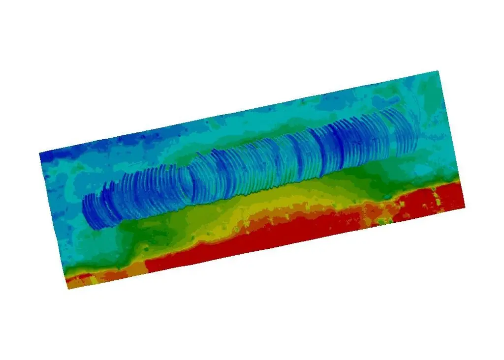 A bathymetric image of dredging scarring of the channel bottom