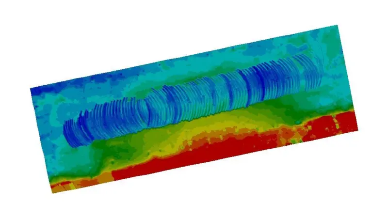 A bathymetric image of dredging scarring of the channel bottom