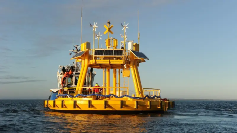 The floating platform carries a suite of instruments commonly used by MRE project development experts