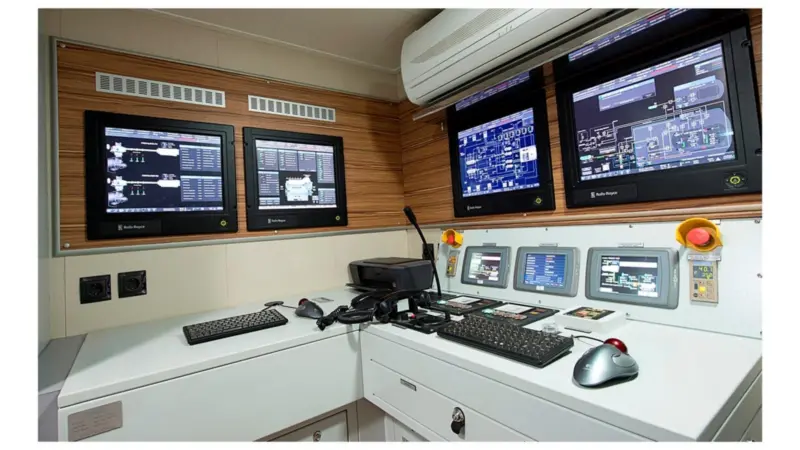 The display screens in Borgoys’s engine control room monitor and control all aspects of the vessel’s machinery