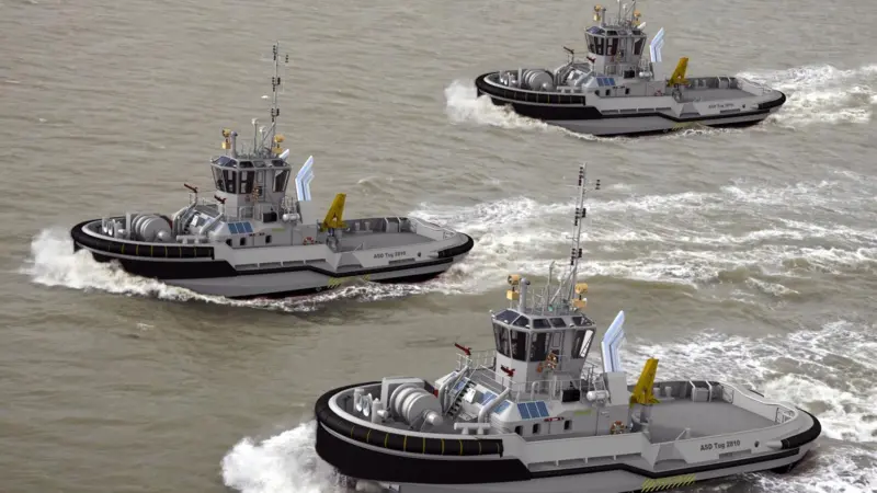An artists impression depics the trio of Damen ASD 2810 Hybrid tugs ordered for the Royal Netherlands Navy