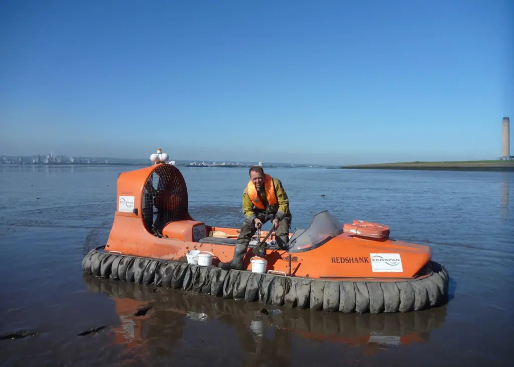 Inter-tidal sediment core sampling in the Forth Estuary from Ecospan’s hovercraft