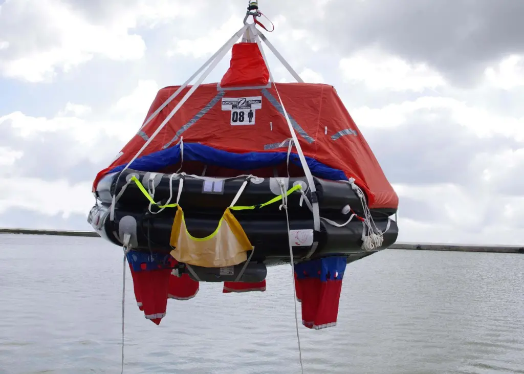 In an emergency the container is connected to a davit and swung outboard where it is inflated and boarded