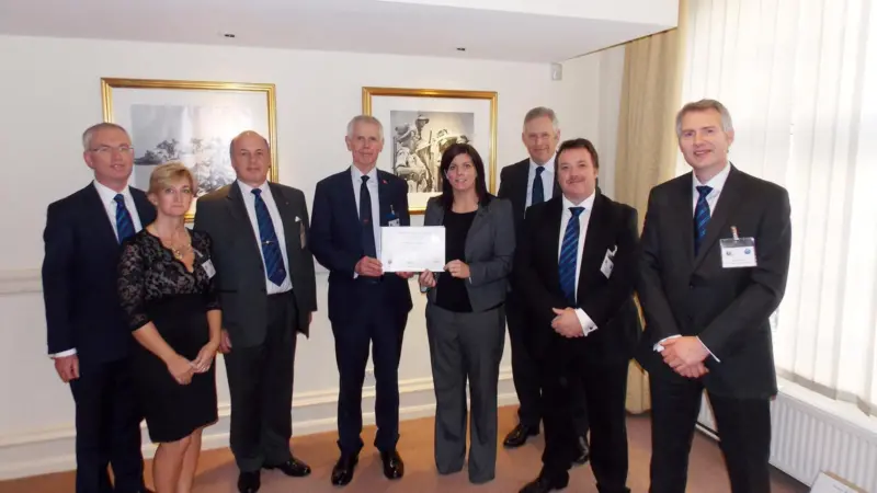The award of the first five Harbour Master Certificates. (l to r): Capt Bob Baker (UKHMA), Ms Sharon Quinton (Port Skills & Safety), Cdr David Vaughan (Teignmouth Harbour), Sir Alan Massey (MCA), Ms Ashley Nicholson (Forth Ports), Mr Mike Johnso...