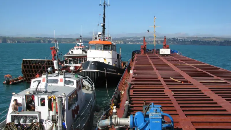 The casualty was anchored in St Austell Bay, supported by KML’s tug, landing craft and guard vessels