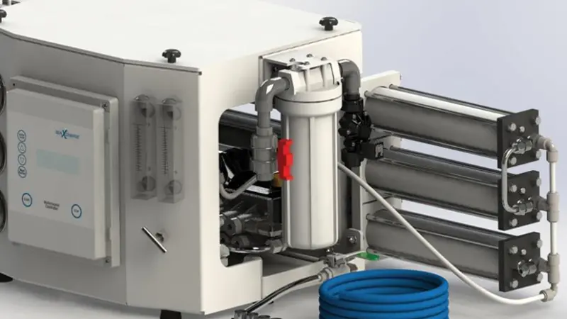 The SeaXchange uses a conventional reverse osmosis process to convert sea water into potable water