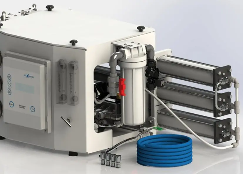 The SeaXchange uses a conventional reverse osmosis process to convert sea water into potable water