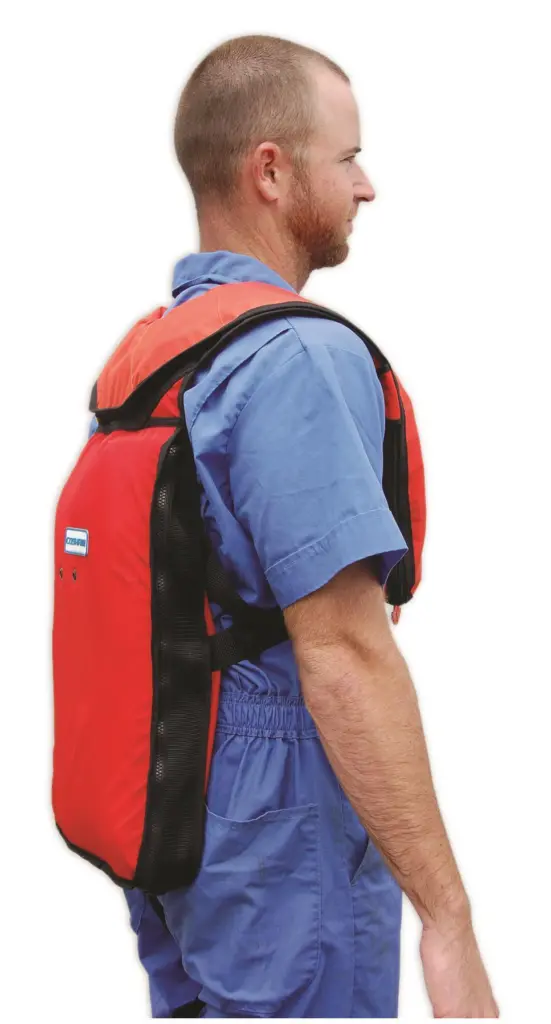 The device uniquely incorporates both a SOLAS approved inflatable life jacket and a personal life raft into a single system