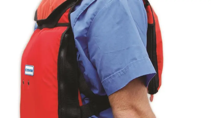 The device uniquely incorporates both a SOLAS approved inflatable life jacket and a personal life raft into a single system