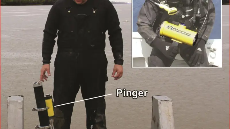 Commercial diver with recovered ADCP with Fishers SFP-1 pinger attached. Inset: Diver with Fishers PR-1 pinger receiver