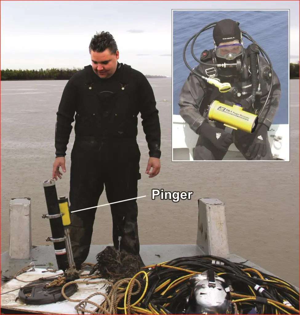 Commercial diver with recovered ADCP with Fishers SFP-1 pinger attached. Inset: Diver with Fishers PR-1 pinger receiver
