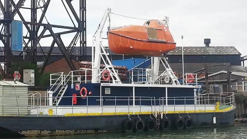 The barge has been equipped with Schat Harding davits and a lifeboat