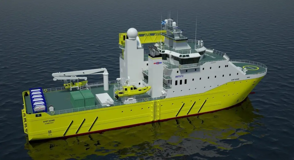 The IMT972 has a LOA of 72.20 m and conforms to the Clean Design classification requirements of DNV for windfarm service operation vessels