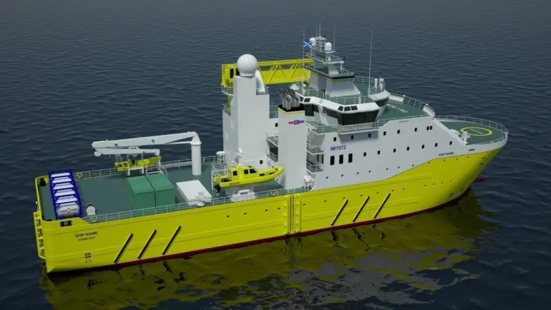 The IMT972 has a LOA of 72.20 m and conforms to the Clean Design classification requirements of DNV for windfarm service operation vessels