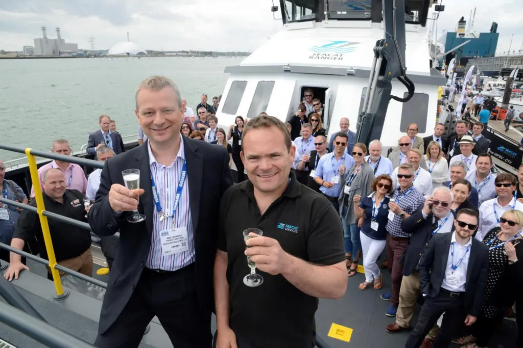 Mike Unsworth, Project Director for the Navitus Bay offshore wind farm project, named the latest 24m catamaran built by South Boats IOW for Seacat Services at Seawork
