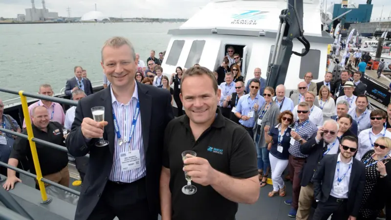 Mike Unsworth, Project Director for the Navitus Bay offshore wind farm project, named the latest 24m catamaran built by South Boats IOW for Seacat Services at Seawork