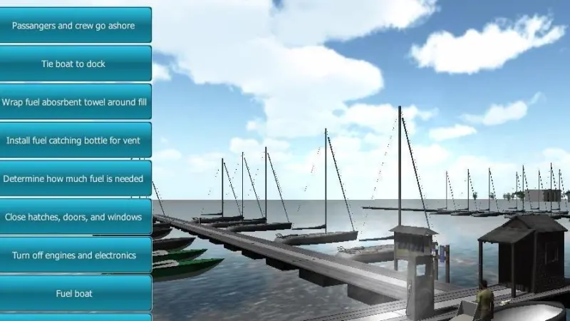 The system uses 3D game-based training to allow trainees to interact with a virtual marina