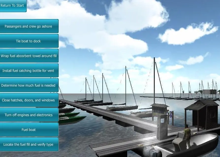 The system uses 3D game-based training to allow trainees to interact with a virtual marina