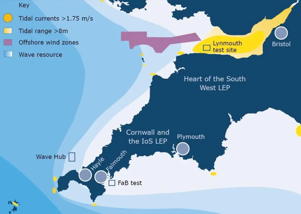 The Celtic Sea area between Cornwall and Pembrokeshire, and the Bristol Channel have fantastic marine energy resources