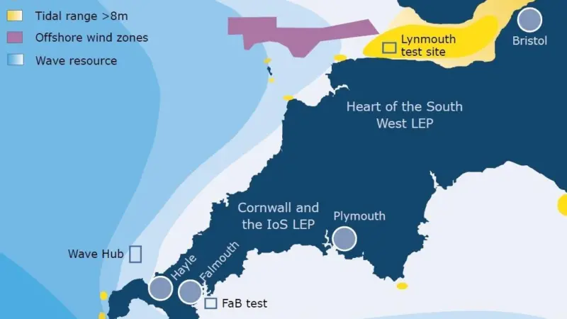 The Celtic Sea area between Cornwall and Pembrokeshire, and the Bristol Channel have fantastic marine energy resources