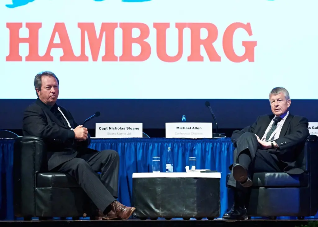 Capt Sloane (left), chief salvage officer on the 'Costa Concordia' wreck removal, was Interviewed by Chairman Mike Allen