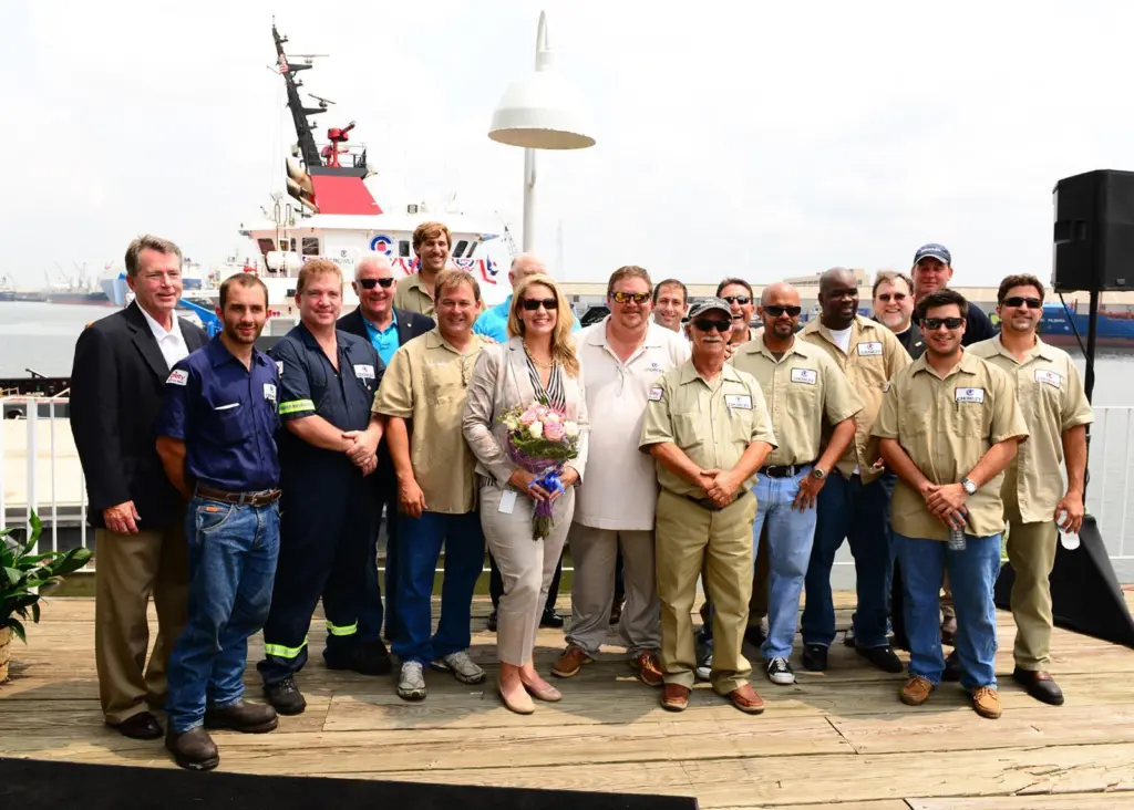 Ocean Sky's proud crew on the occasion of the tug's naming (Crowley)