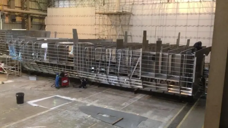 The latest windfarm boat under construction at Burgess