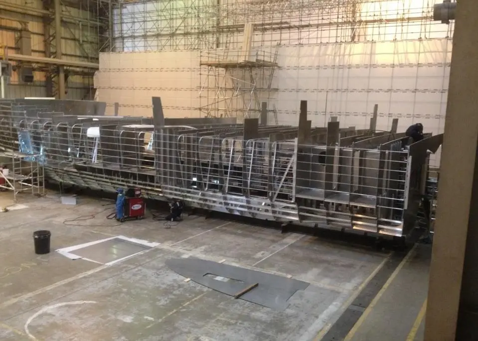 The latest windfarm boat under construction at Burgess